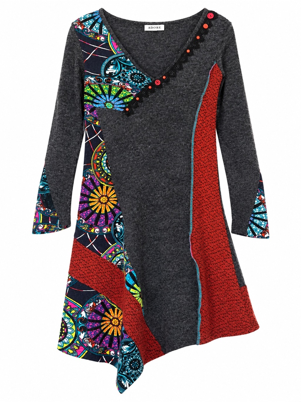 Adore Asymmetrical Knit Dress in Charcoal Gray, Rust & Multicolor